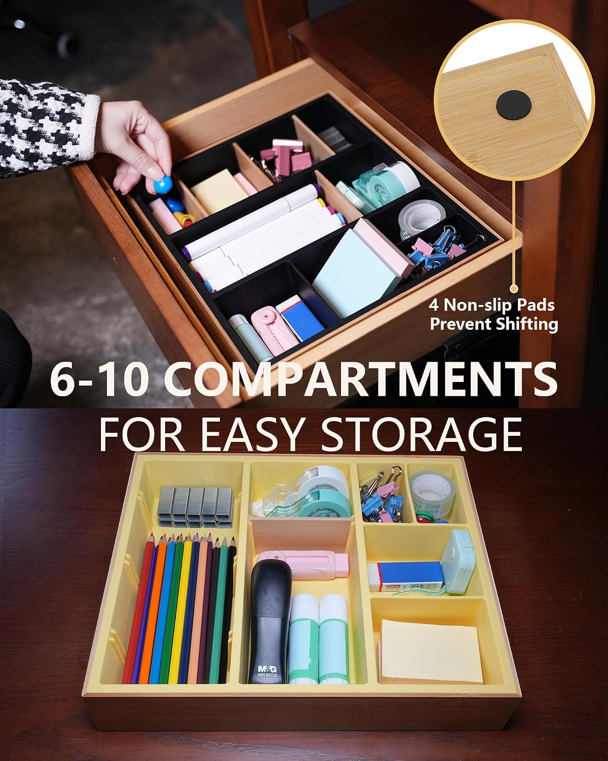 Office Drawer Organizer, Bamboo Desk Drawer Organizer with 4 Removable Divide...