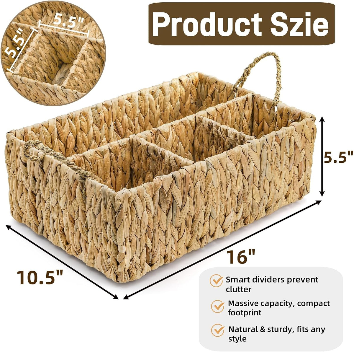 Divided Water Hyacinth Storage Basket, 4 Section Natural Wicker Storage Bin, ...