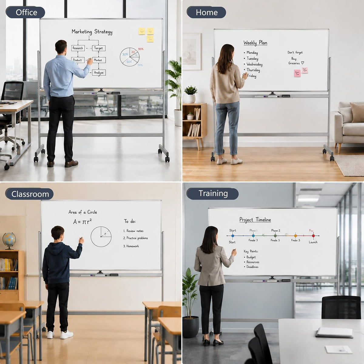 INNOVART Mobile Whiteboard 96" x 48", 360°Reversible Double Sided M...
