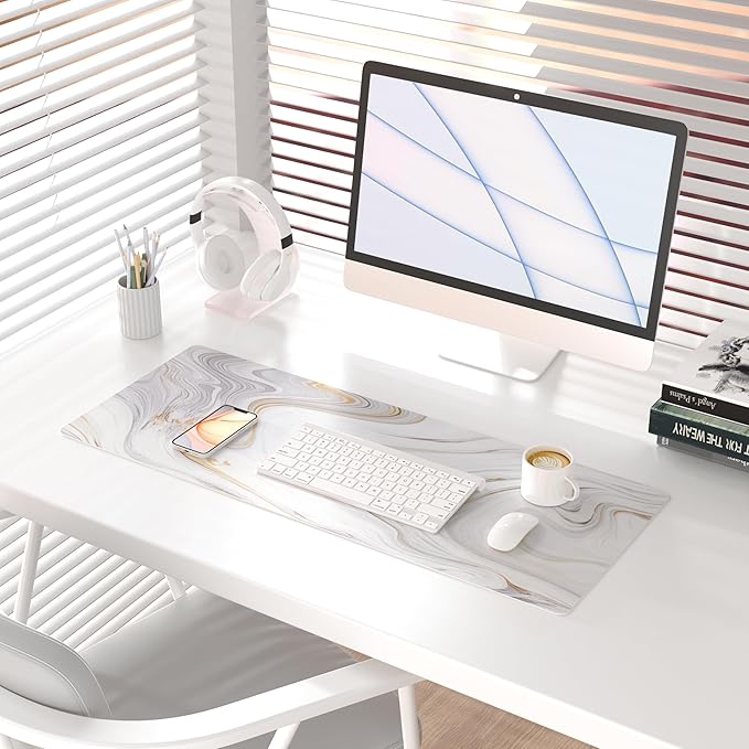QIYI White Mouse Pad, Cute Marble Large Desk Mat, PU Leather Desk Protector - Image 2
