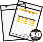 SCRIBBLEDO Dry Erase Pocket Sleeves, Job Ticket Holders with Rings 50 Pc | Oversized Reusable Heavy Duty, 10x14” Budget Friendly Bulk Sheet Protectors, Durable PET Vinyl, Easy to Clean No Residuals