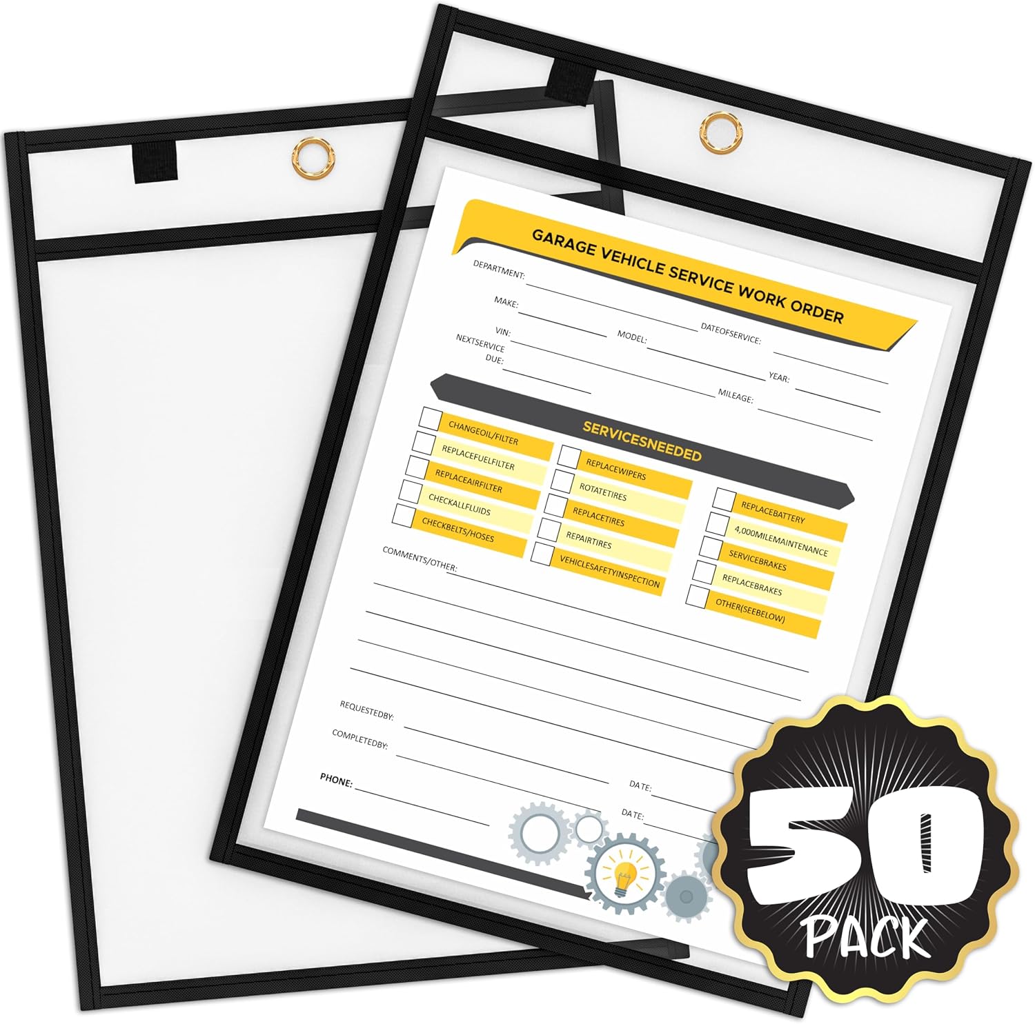 SCRIBBLEDO Dry Erase Pocket Sleeves, Job Ticket Holders with Rings 50 Pc | Oversized Reusable Heavy Duty, 10x14” Budget Friendly Bulk Sheet Protectors, Durable PET Vinyl, Easy to Clean No Residuals