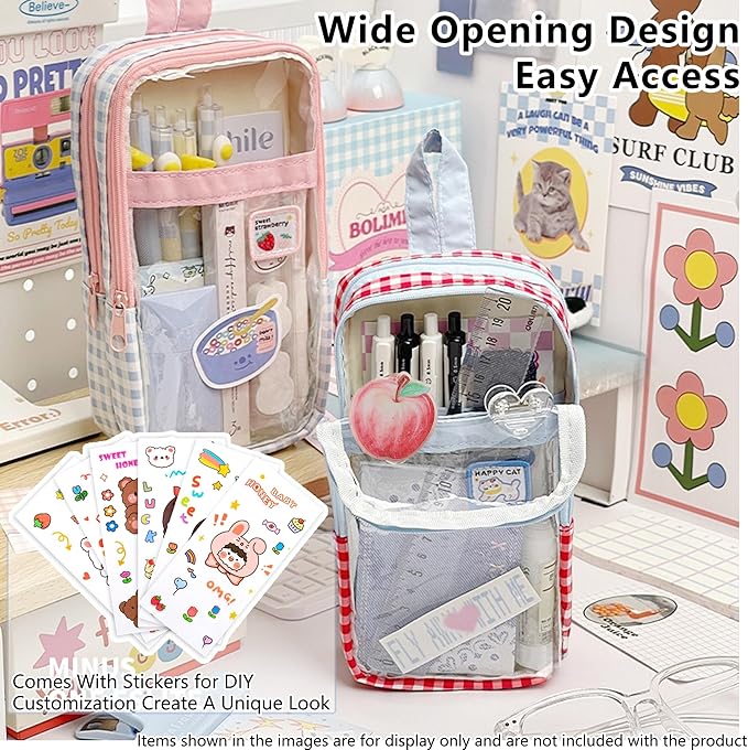 UINSUE Cute Pen case Adorable Bunny Transparent 3-Layer Large Capacity Pencil - Image 7