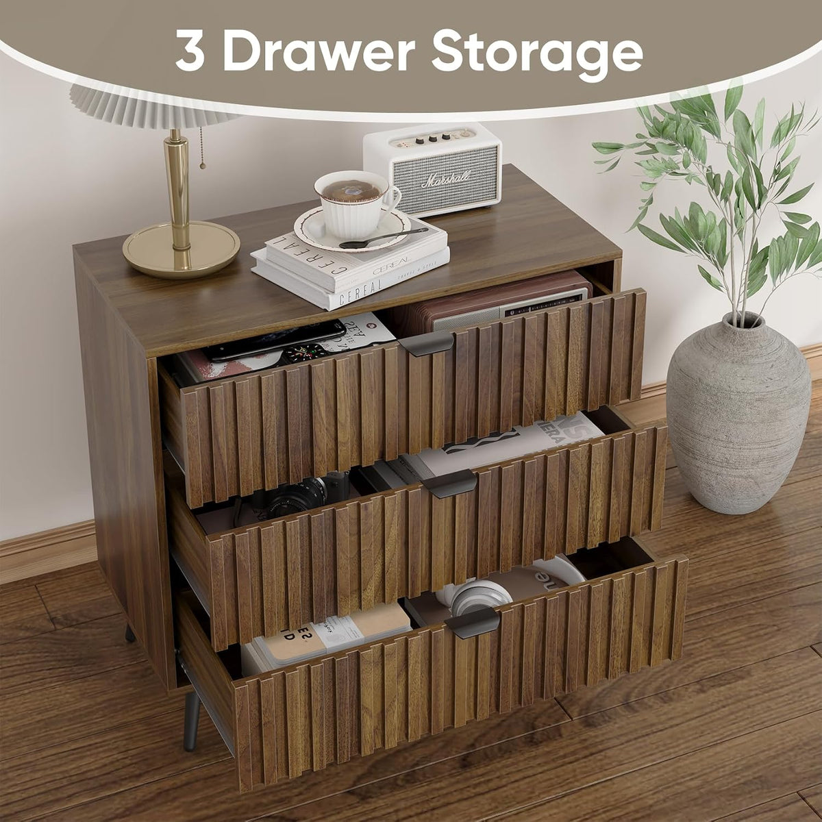 Smart FENDEE 3 Drawers Dresser, Fluted Small Dresser, 31.5“ W Mid- Century Mo...