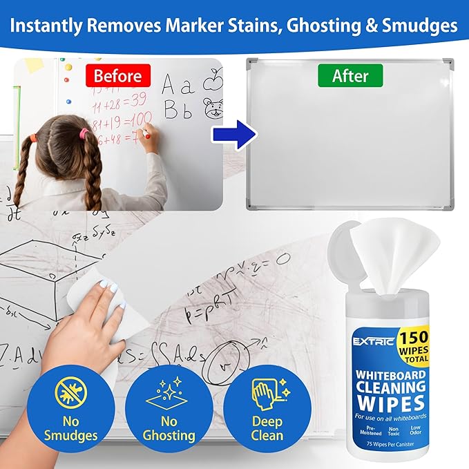 EXTRIC Whiteboard Cleaning Wipes, Low Odor White Board Cleaner 75 Per Canister - Image 3