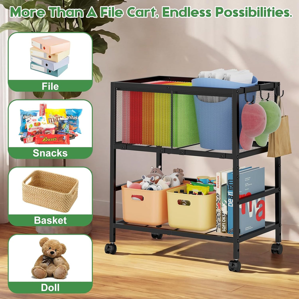 Rolling File Cart for Letter Size, Metal Hanging File Organizer with Storage ...