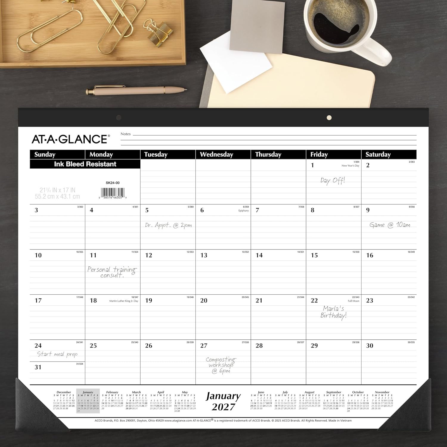 AT-A-GLANCE 2027 Desk Pad Calendar, Monthly Desk Wall Planner, 21.75" x 17", Ruled Blocks (SK240027), White