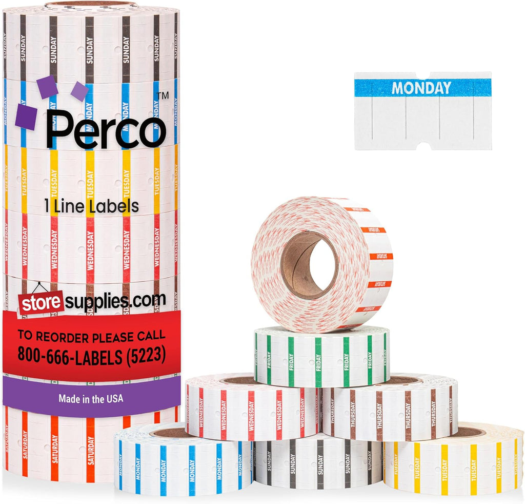 Perco 1 Line Day of The Week Labels - 7,000 Blank Dating Labels for Perco Lite, X, Plus and Pro 1 Line Date Guns - 7 Rolls (Full Week), 1 Sleeve - Made in USA