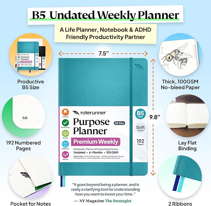 Roterunner Purpose Planner Notebook B5 7.5”x9.8” Undated 2026 Daily Weekly and - Image 2