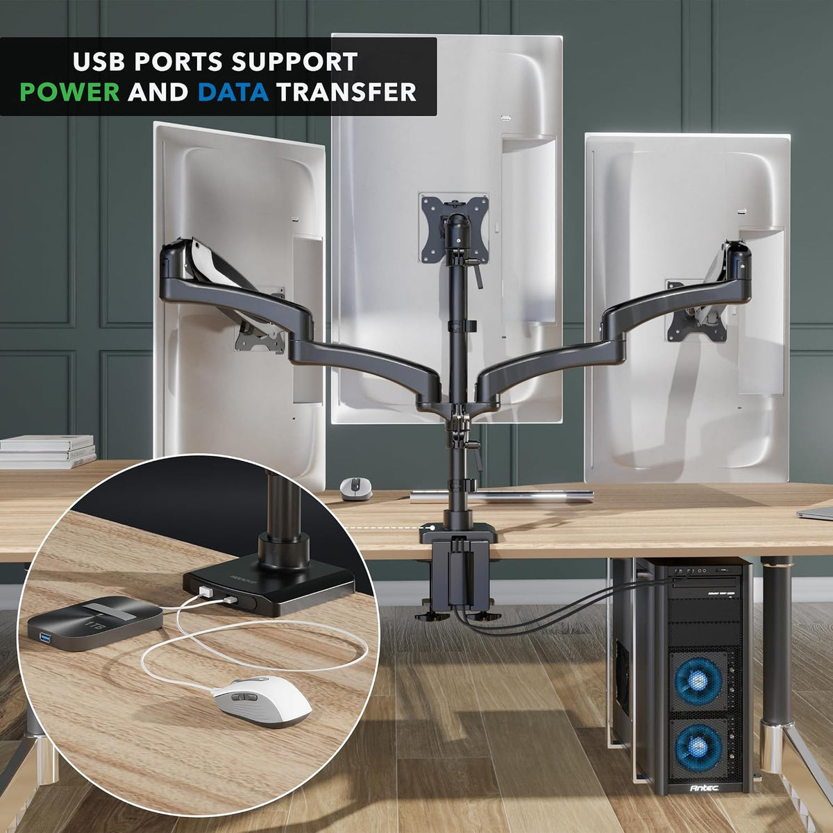 Mount-It! Triple Monitor Desk Stand, USB-A & C, Black