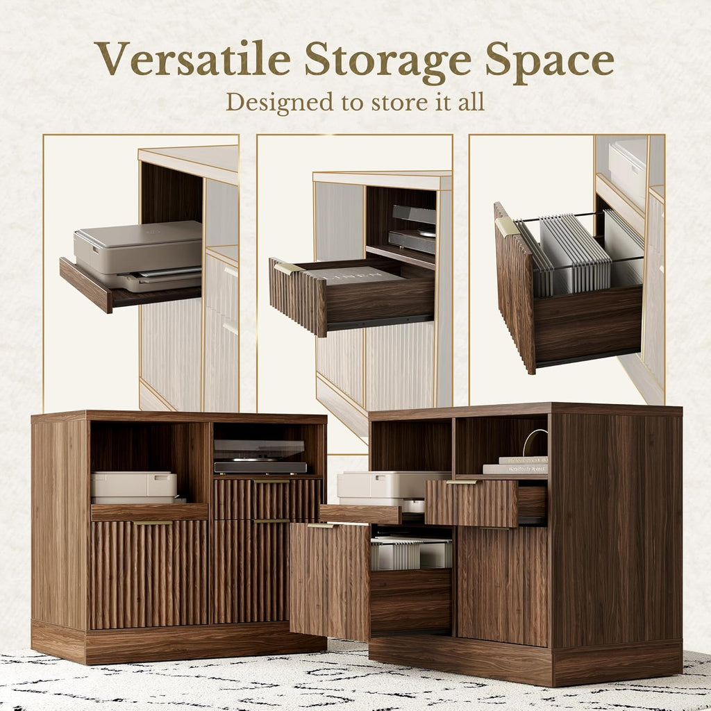 3 drawer file cabinet, fluted wood lateral filing, side view