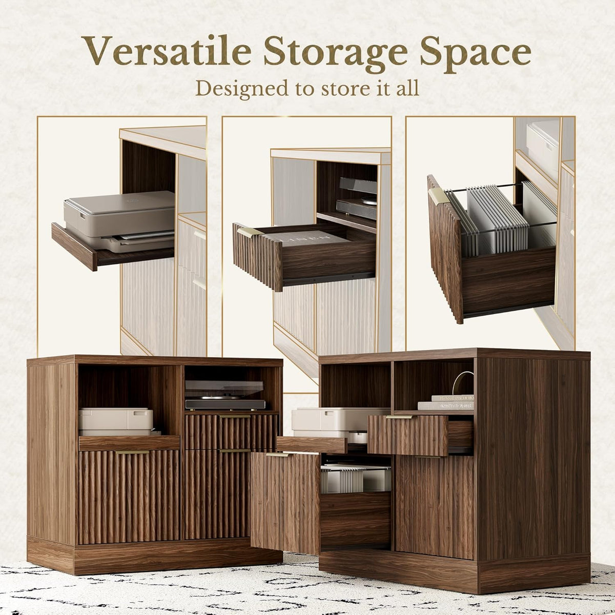 3 drawer file cabinet, fluted wood lateral filing, side view