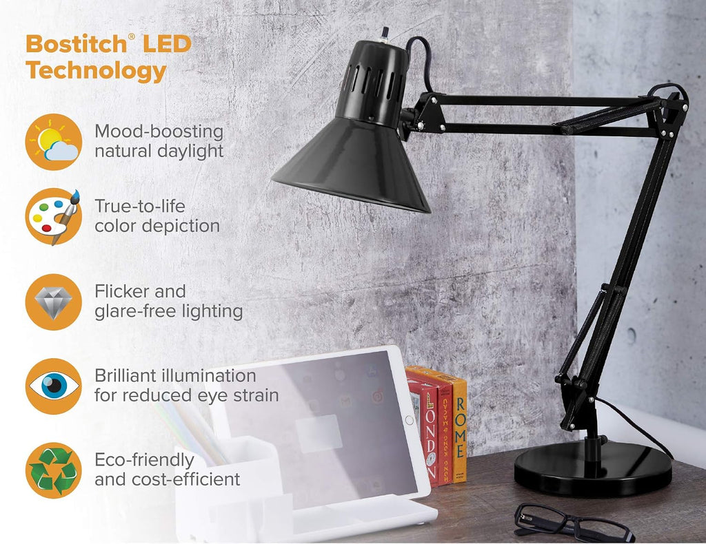 bostitch office vlf100d swing arm desk lamp, metal on a desk or shelf