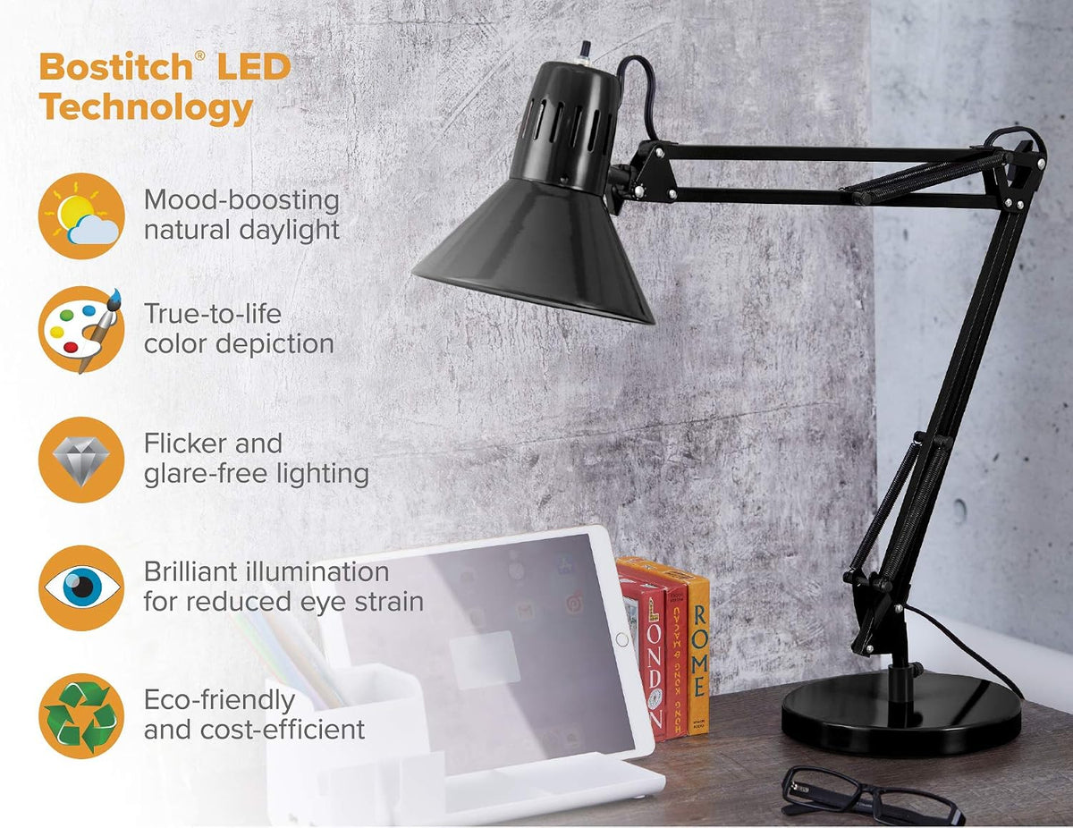 bostitch office vlf100d swing arm desk lamp, metal on a desk or shelf