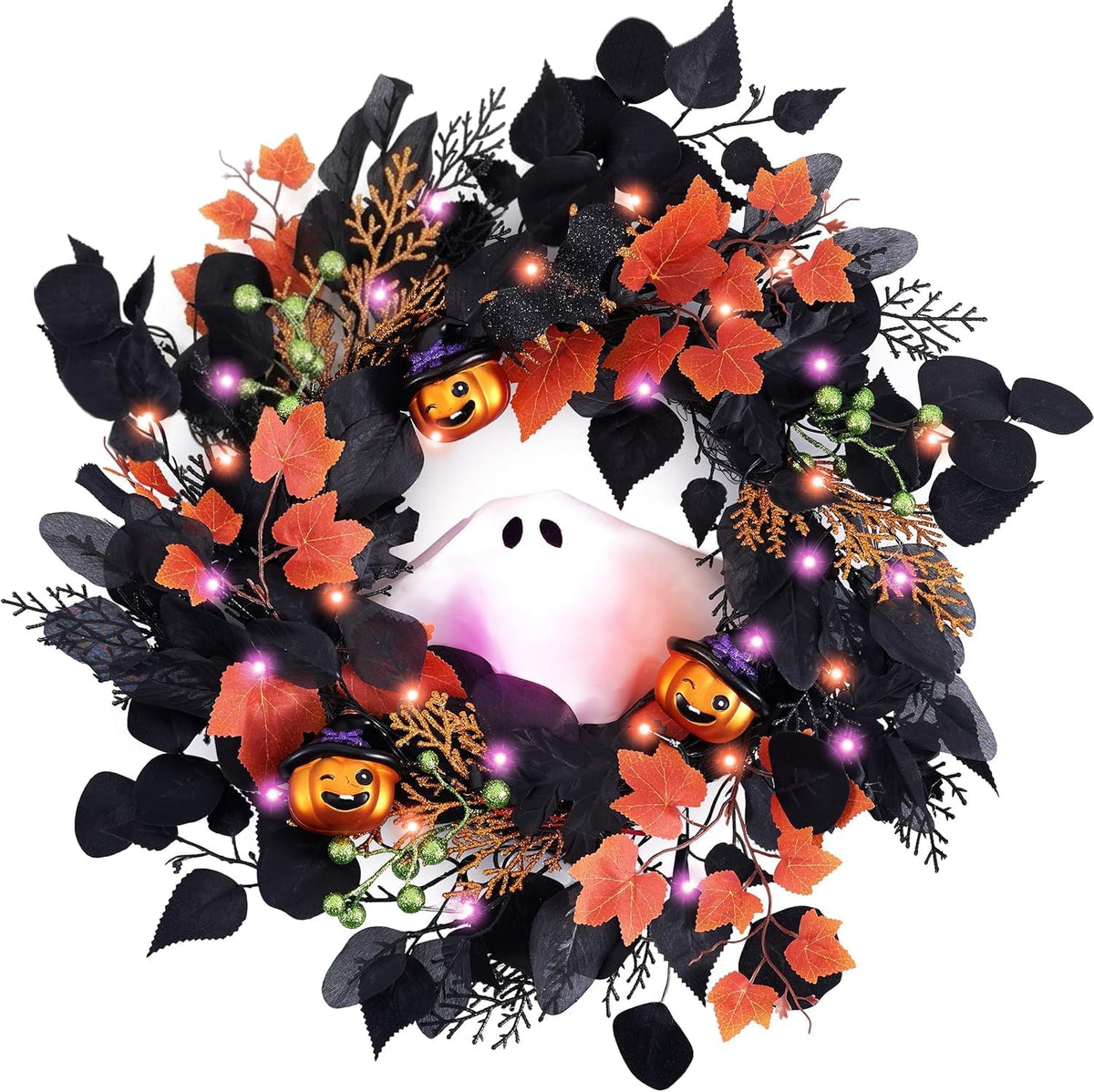 DecorbyHannah 20'' Halloween Wreath for Front Door with Lights Ghost ...