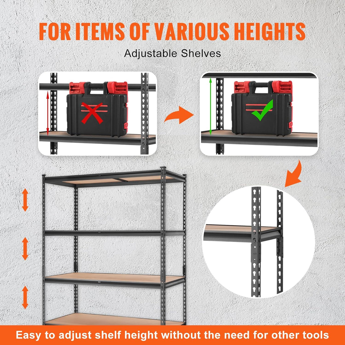 vevor storage shelves 5-tier adjustable 2000 lbs 48"x24"x72" on a desk or shelf