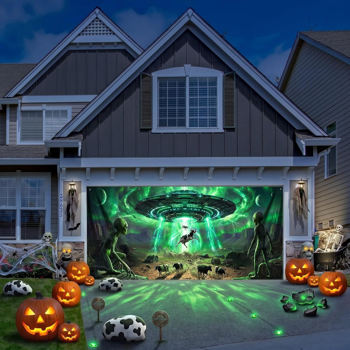 Preboun Alien Abduction Halloween Garage Door Decoration Ufo Cow, 7 x 16 ft