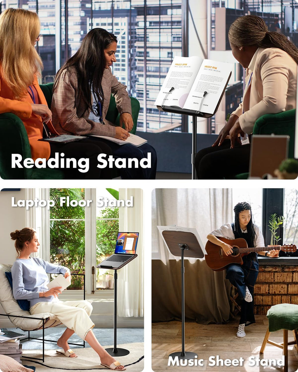 Viozon Floor Book Stand, Height Adjustable Reading Stand, Multi-Purpose Book Holder/Laptop Stand/Music Sheet Stand, 180° Tilt Desktop, Heavy-Duty Base, Two-Stage Page Clips for Thick Books