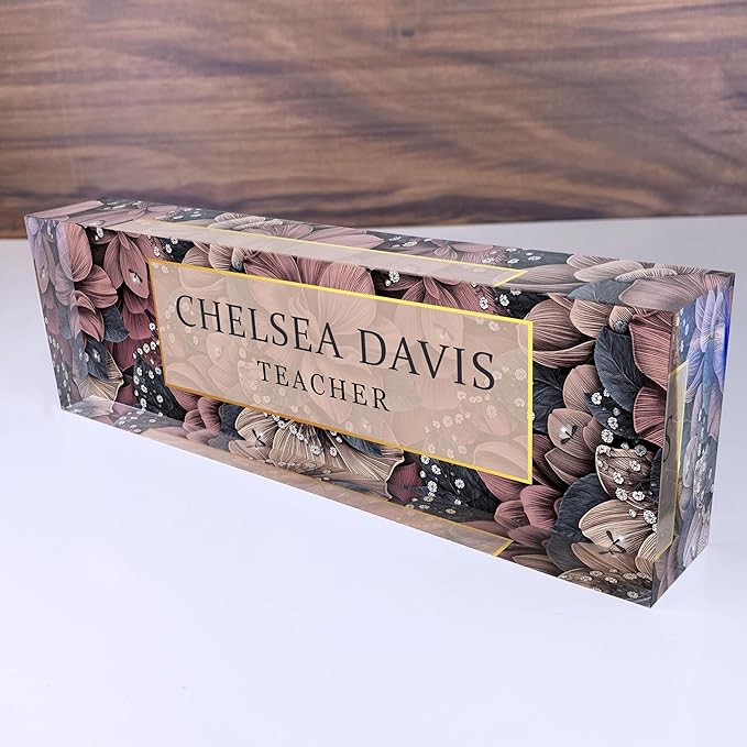 Floral Acrylic Name Block for Desk, Womens Personalized Desk Name Plate by Artblox