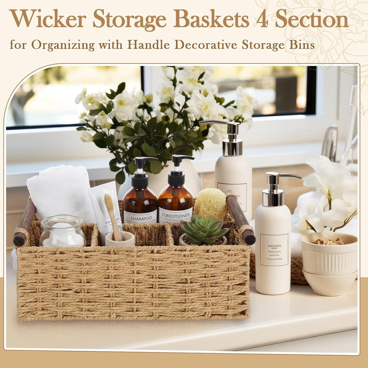 Remerry Beige Bathroom Countertop Organizer Caddy, Wicker-Like Divided Basket...