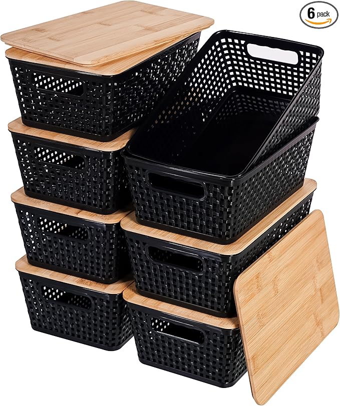 Anywish Storage Bins with Lids 8 Packs, Plastic Storage Bins with Bamboo Lids by Anywish