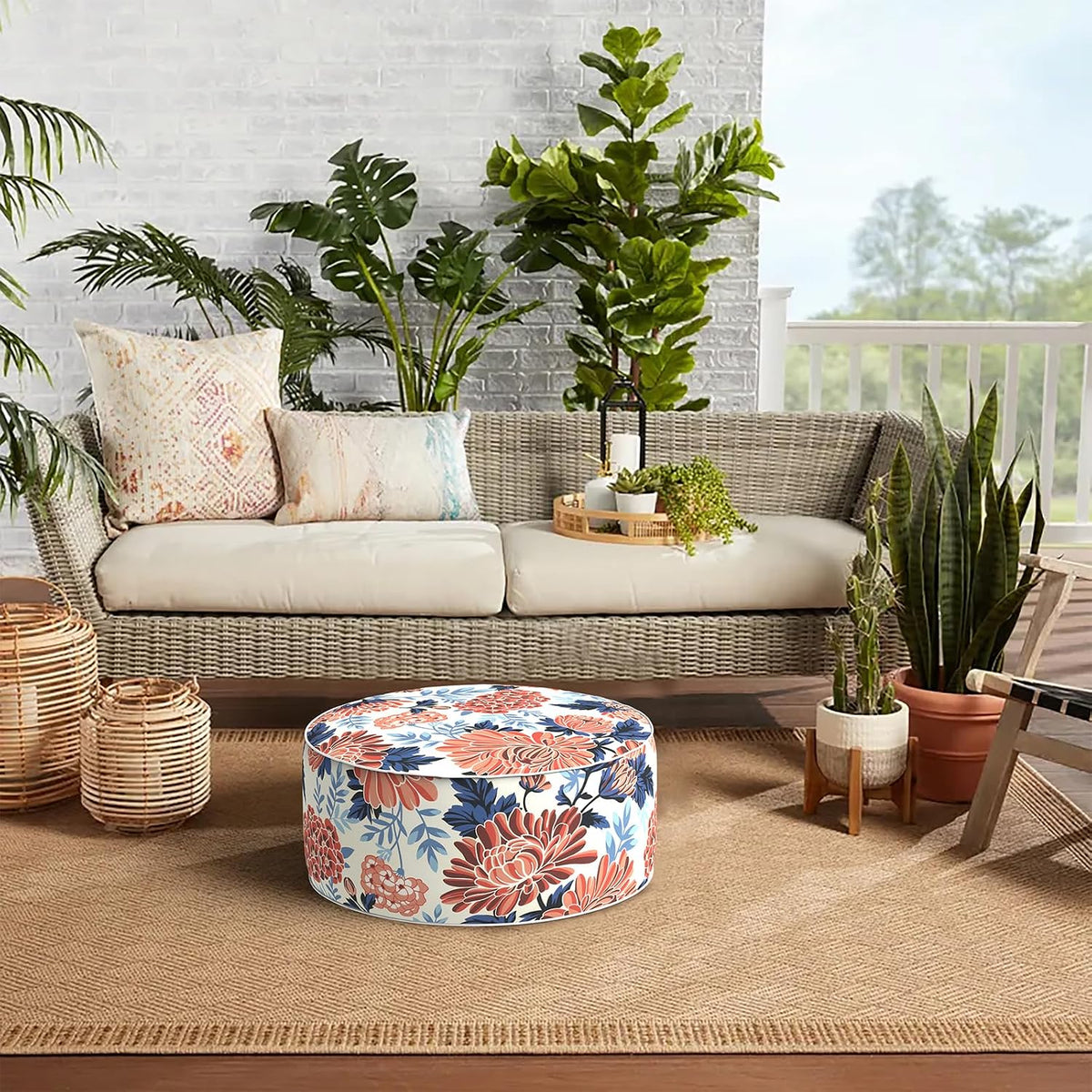 Indoor/Outdoor Inflatable Ottoman with Handle, Decorative Fade-Resistant Roun...