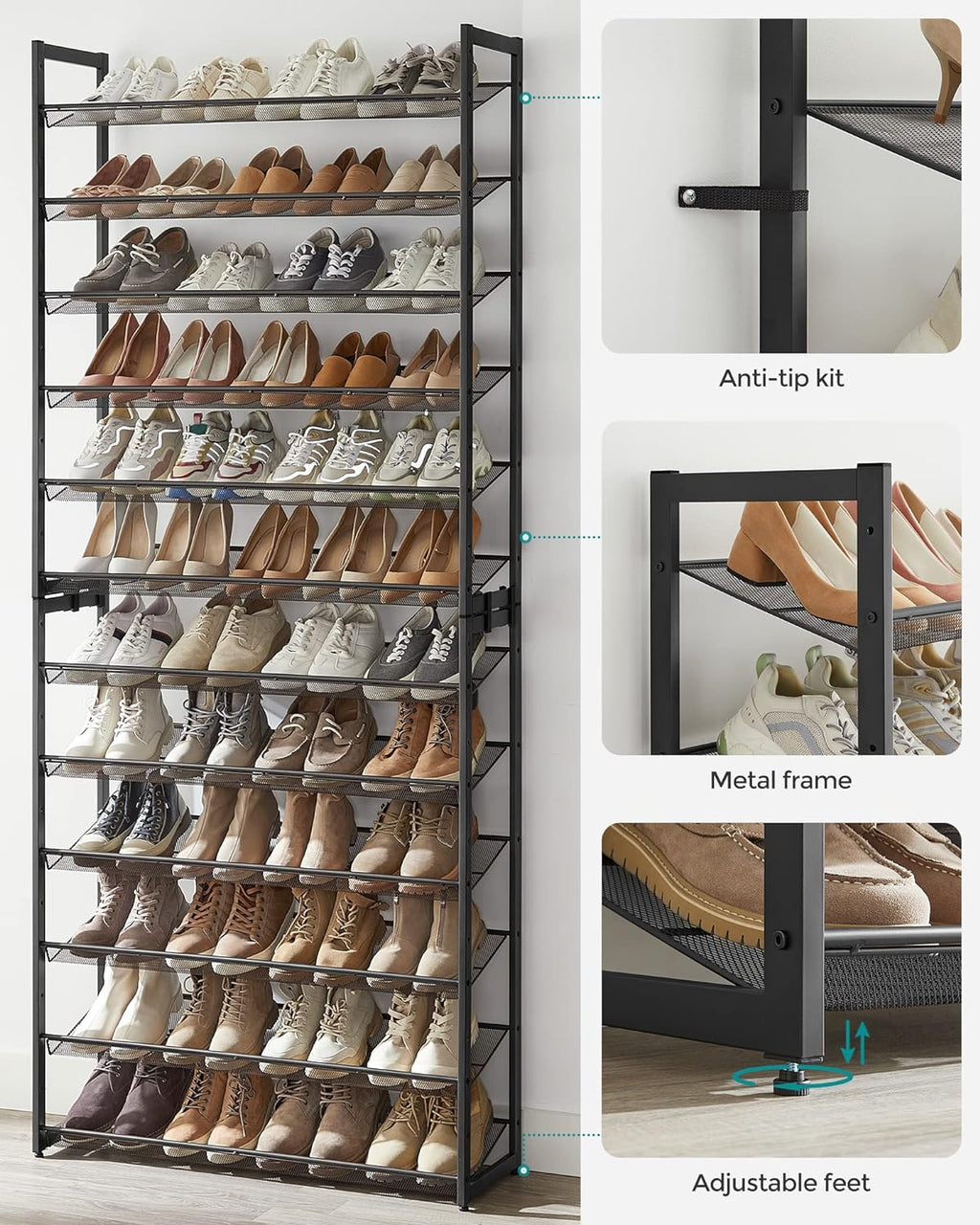 songmics shoe rack, 12-tier shoe organizer, metal shoe showing dimensions