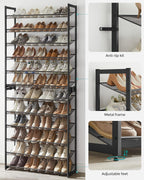 songmics shoe rack, 12-tier shoe organizer, metal shoe showing dimensions