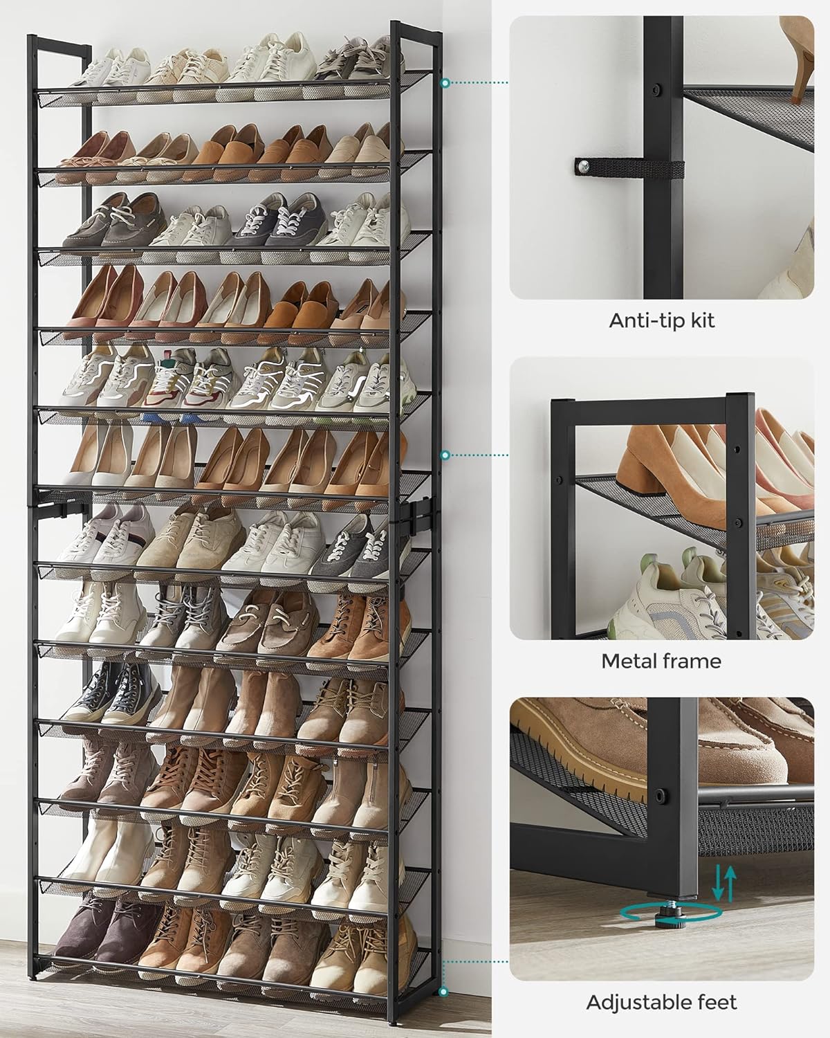 songmics shoe rack, 12-tier shoe organizer, metal shoe showing dimensions