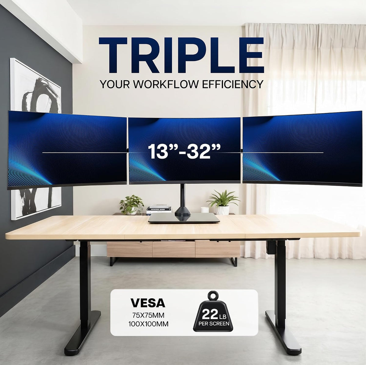 VIVO Black Triple Monitor Mount, Freestanding Triple Monitor Arm Stand for De...