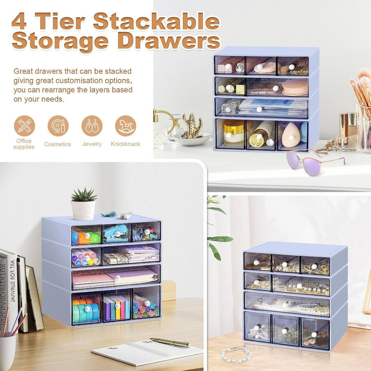 desk organizer with 9 drawers, 4 tier plastic, package contents