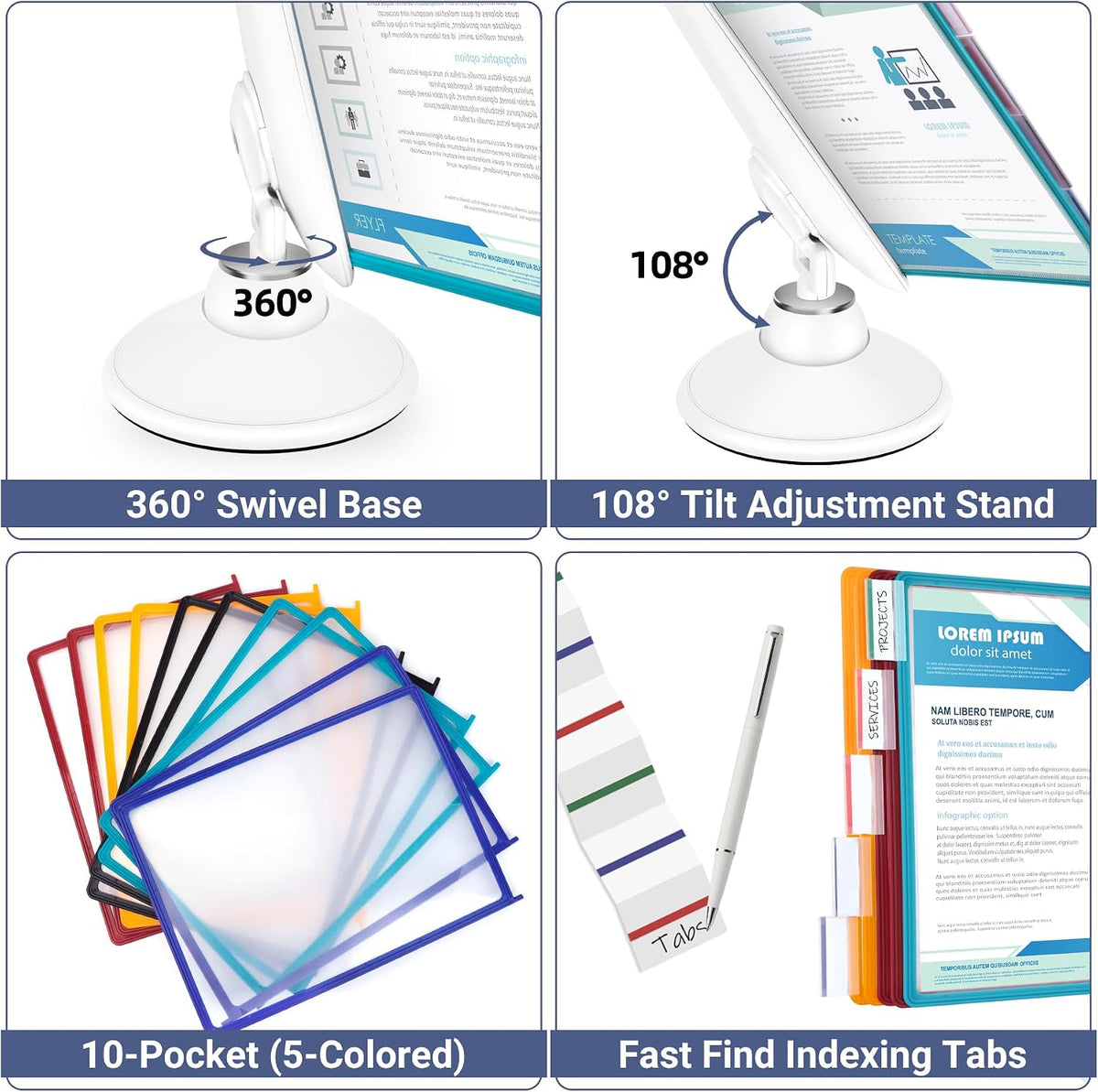 10-Pocket Desk Reference Organizer with 360° Swivel Base & 10 Double-Side...