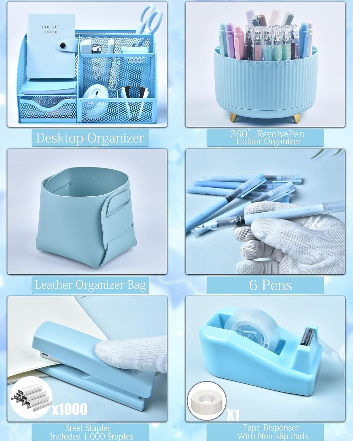 LXEVIHK Blue Desk Accessories 21-Piece Office Supplies Gift Set