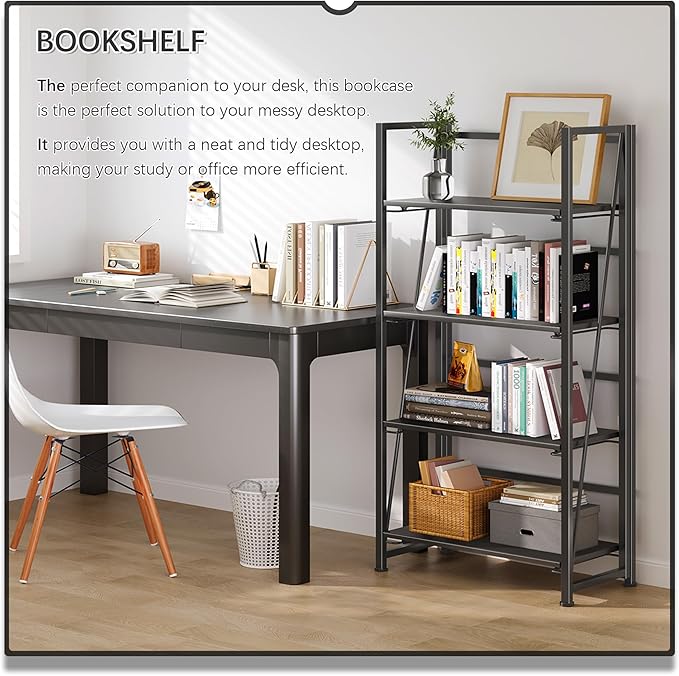 4NM No Assembly Folding Bookshelf Storage Shelves 4 Tiers Vintage Bookcase - Image 3