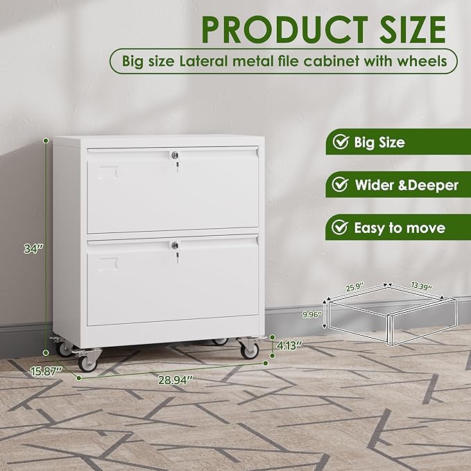 METAN Upgrade 2 Drawers Lateral File Cabinet on Wheels, Steel Office Filing - Image 2