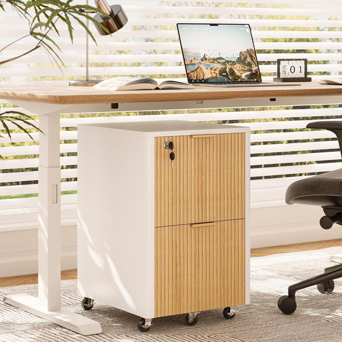 2 drawers fluted mobile file cabinet with lock, front angle view