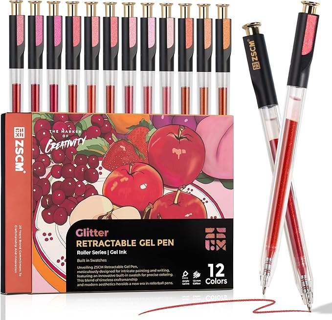 Retractable Glitter Gel Pens, 12 Colors Large Capacity Red Pink Glitter by ZSCM