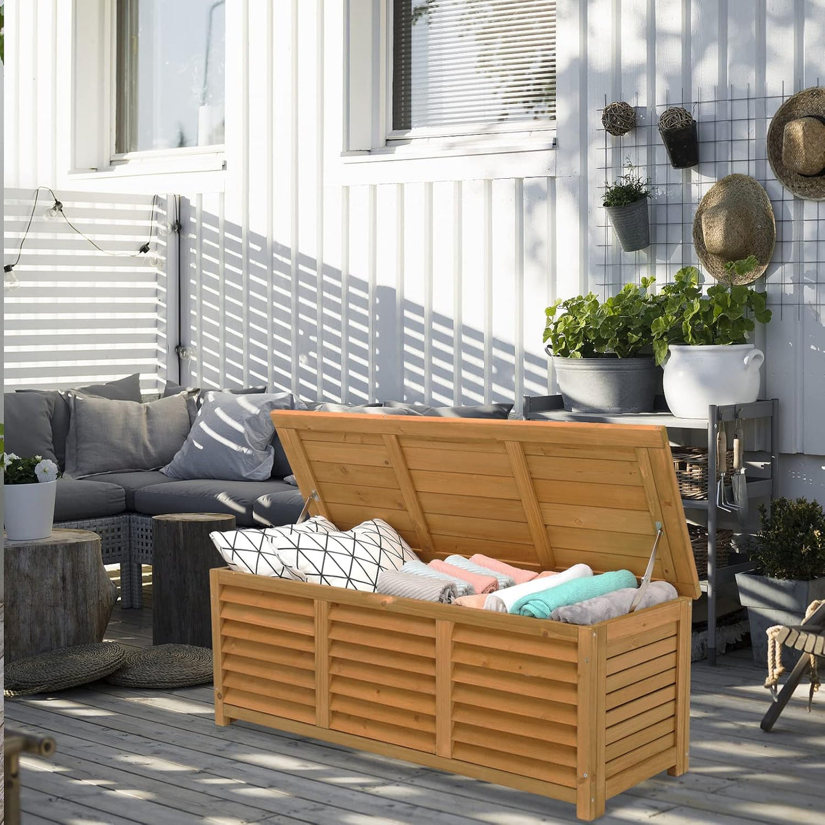 vingli 47 gallon wood deck box (natural) on a desk or shelf