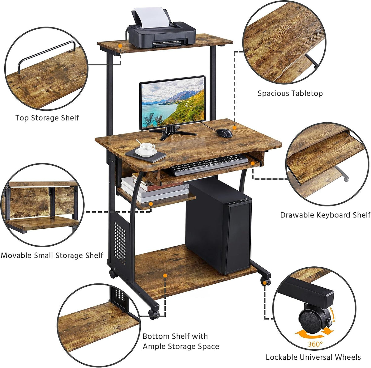 Topeakmart 2-Tier Rolling Desk with Printer Shelf & Keyboard Tray, Rustic...