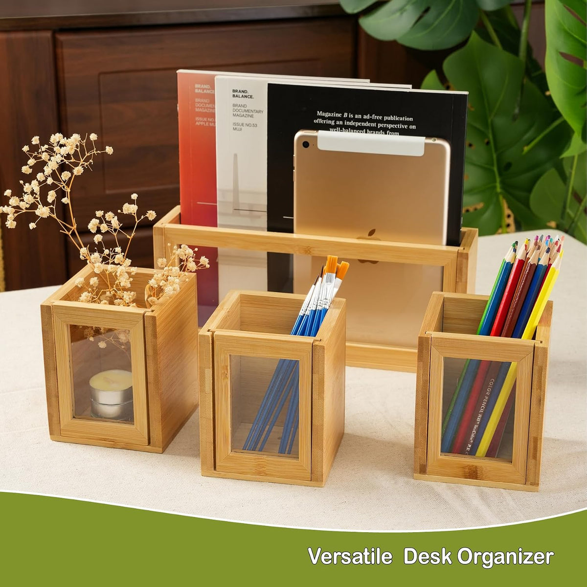 Bamboo Silverware Caddy with Paper Plate Holder, Utensil Organizer for Forks,...