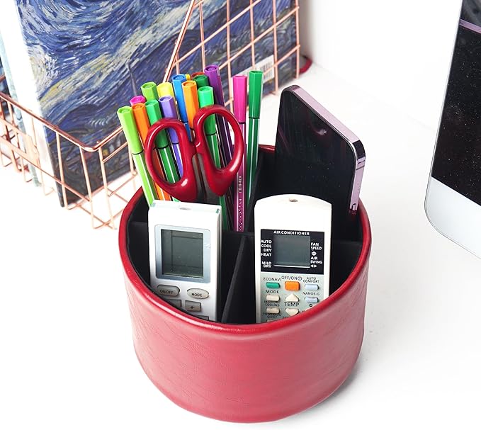 Hennaja Round Leather Art Supply Organizer, Remote Control Holder, 360 Degree - Image 6