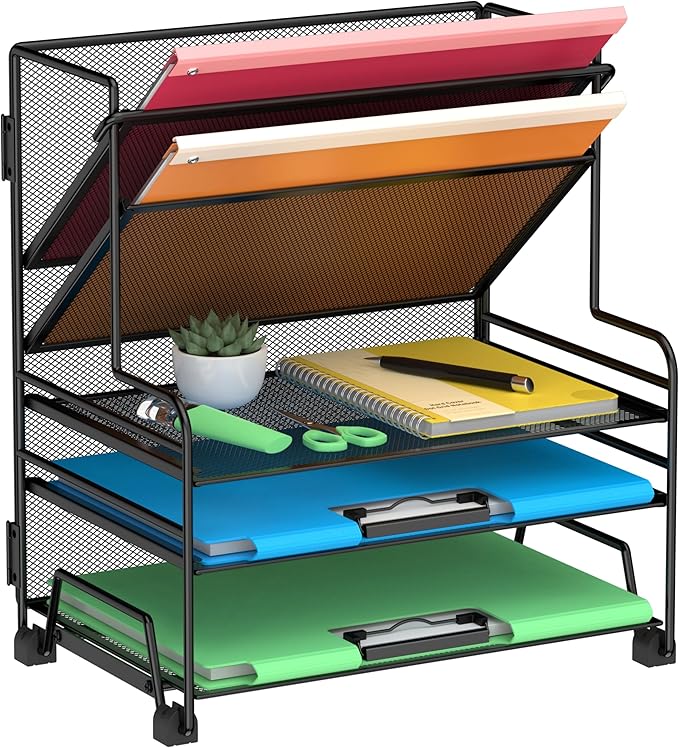 Desk File Organizer, 3-Tier Letter Tray Paper Organizer and 2-Pocket Metal by Delifox