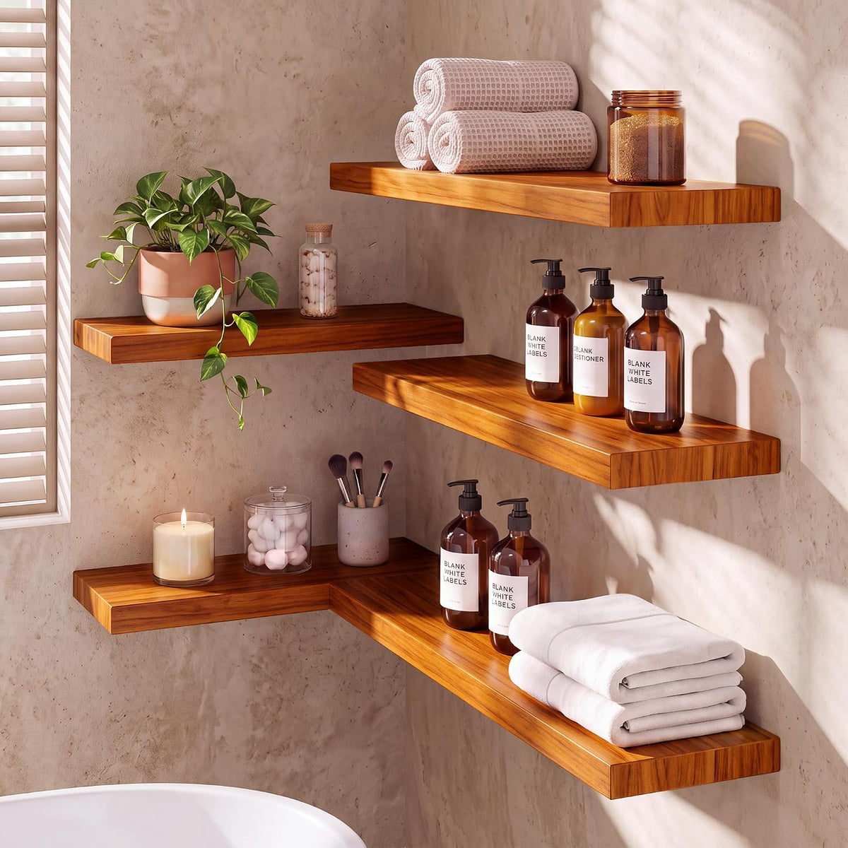 36 Inch Teak Floating Shelves, Set of 2
