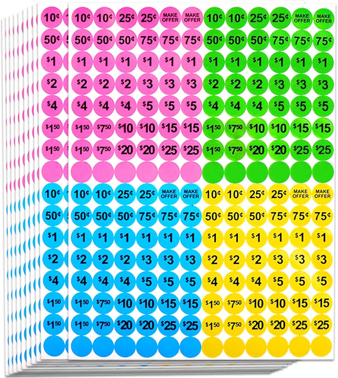 Dreecy Yard Sale Price Stickers Garage Sale Pre-Priced Price Tag Labels, 1920 PCS 3/4" Diameter Flea Market Pre-Printed Pricing Stickers for Retail,Bright Neon Colors (Pink Green Blue Yellow)