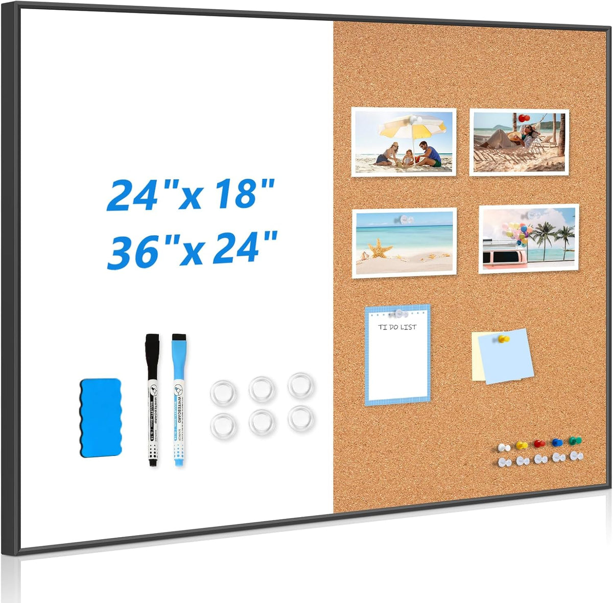 Magnetic Dry Erase White Board & Cork Board Combo, 36"x24", Wal...