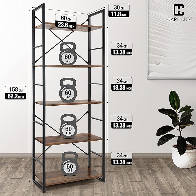 CAPHAUS 5 Tier Bookshelf, 24 Inch Width Free Standing Shelf, Bookcase Shelf - Image 3