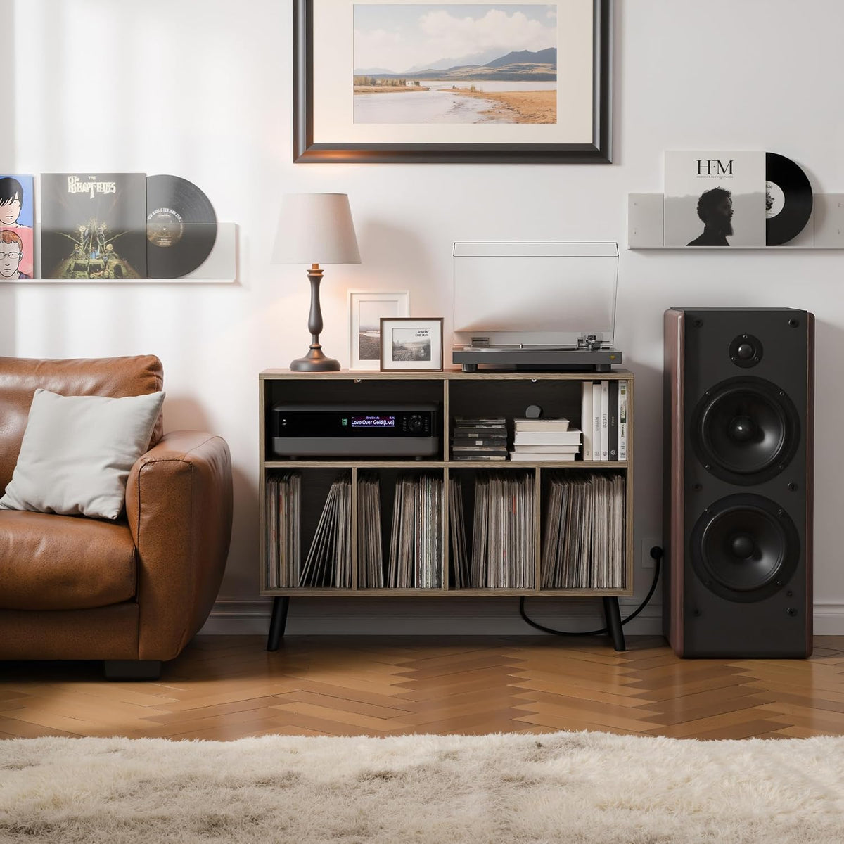 Cozy Castle Record Player Stand with Vinyl Storage Cabinet, Wood Turntable Ta...