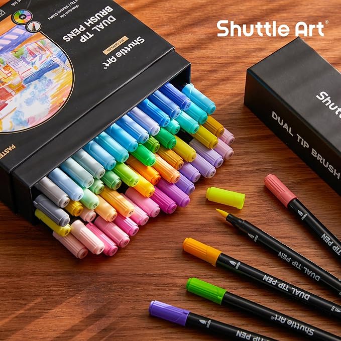 Shuttle Art Pastel Brush Pens, 56 Pastel Colouring Pens, Dual Tip Brush Markers - Image 7