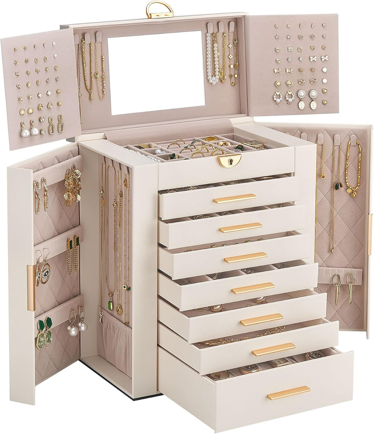 Lolalet Large Jewelry Box, 8-Layer Jewelry Organizer with 7 Drawers -Beige