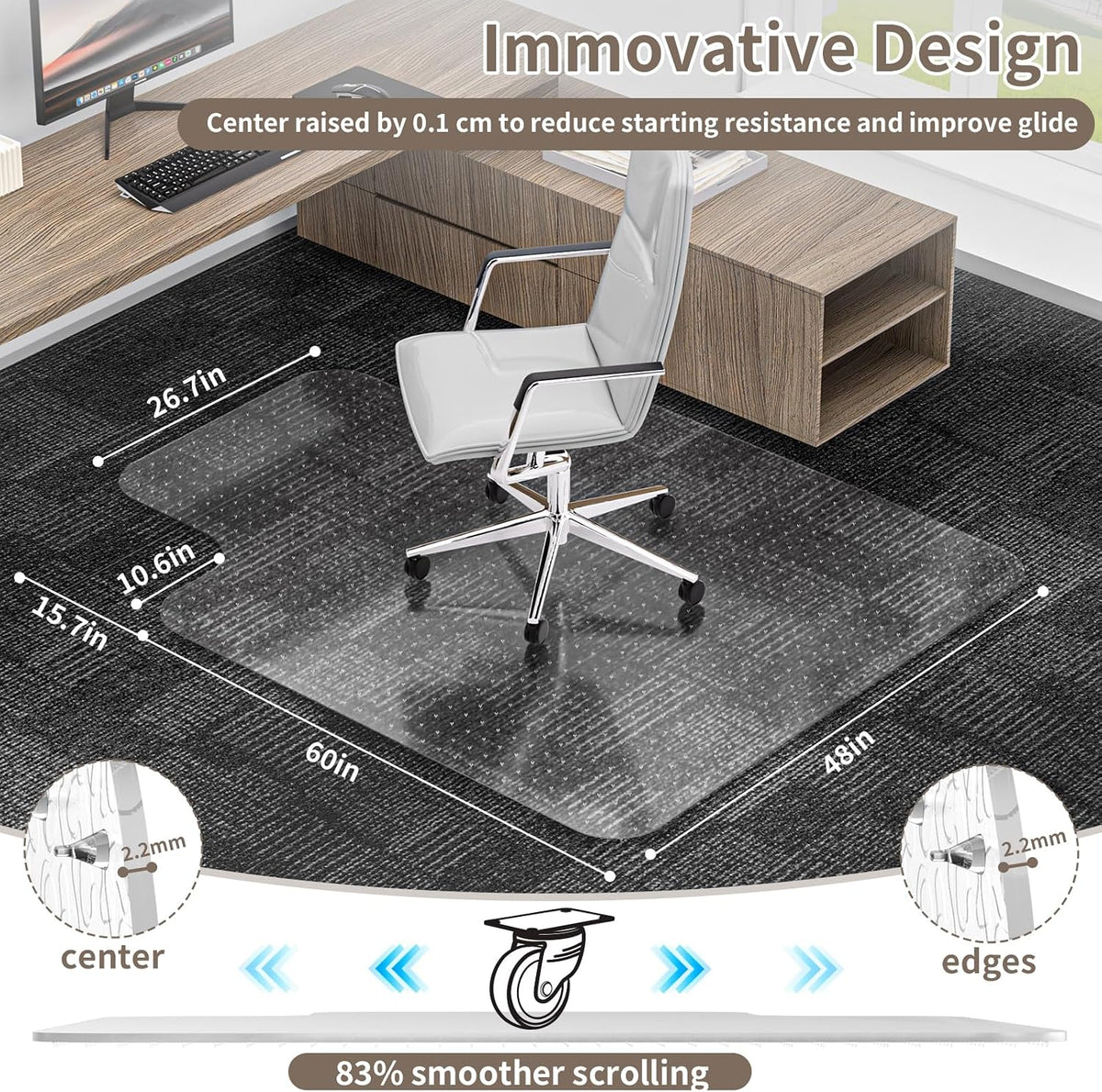 Office Chair Mat for Low Pile Carpet, 48"x60" Clear Smooth Glide wi...